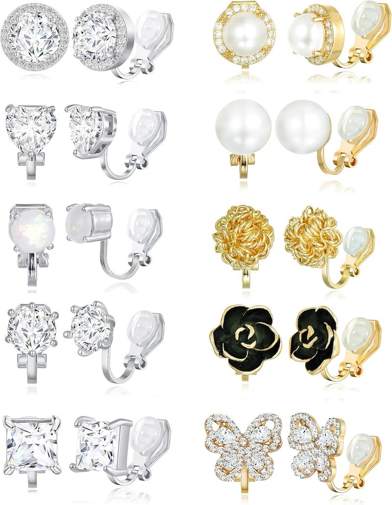 Tornito 10-15 Pairs Clip on Stud Earrings Non Pierced Teardrop Round Square CZ Pearl Twist Knot Flower Butterfly Heart Star Rainbow Cat Opal Clip on Earrings for Women - Image 1